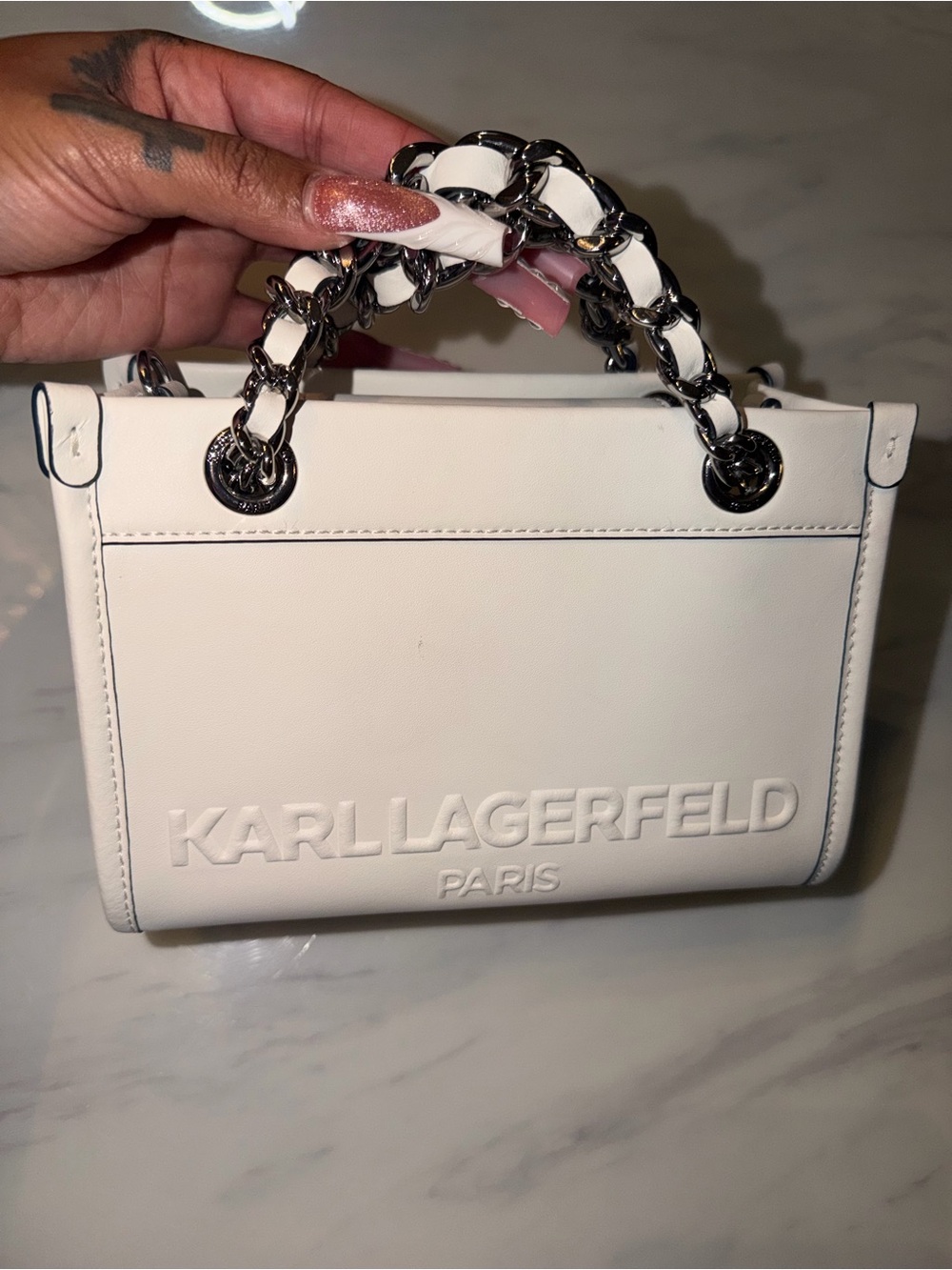 Karl Lagerfeld White Mini Top-Handle Bag with Chain Detail